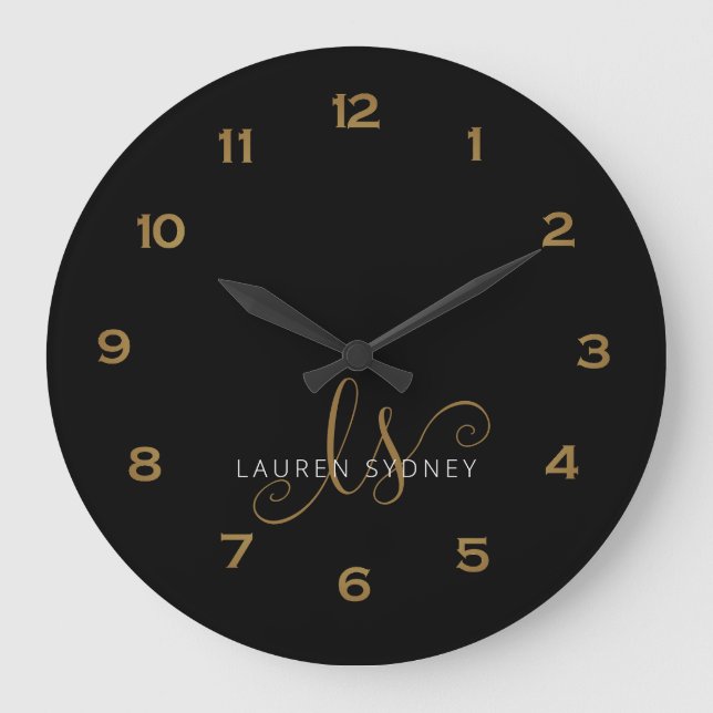 Grande Horloge Ronde Script Noir Et Or Moderne Monogramme (Recto)