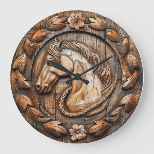 Grande Horloge Ronde Sculpture sur bois de cheval Country Western  
