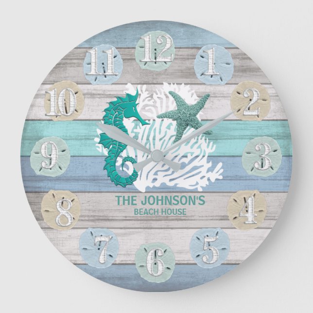 Grande Horloge Ronde Seahorse and Beach Wood Nautical - Blue Teal Large (Recto)