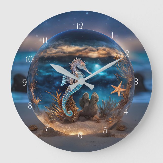 Grande Horloge Ronde Seahorse et Starfish Beach Coastal Wall Clock Art (Recto)