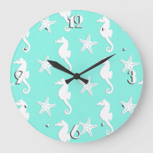 Grande Horloge Ronde Seahorse & starfish - white on pale aqua