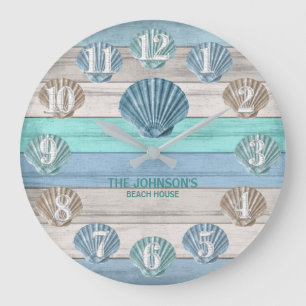 Grande Horloge Ronde Seashell and Beach Wood Nautical - Blue Teal 