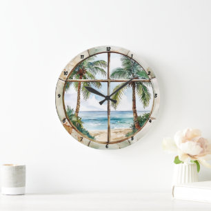 Grande Horloge Ronde Seaside Serenity" - Fenêtre nautique Plage tropica