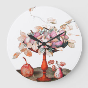 GRANDE HORLOGE RONDE SEASON'S FRUITS PRUNES,PEARS,LEAVES IN FRUIT BOWL