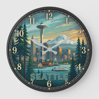 Grande Horloge Ronde Seattle Washington Space Needle and Mount Rainier