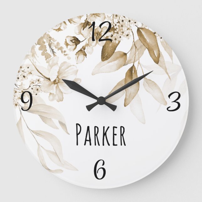 Grande Horloge Ronde Sepia Baby Nursery Dutch Art Aquarelle Florale (Recto)