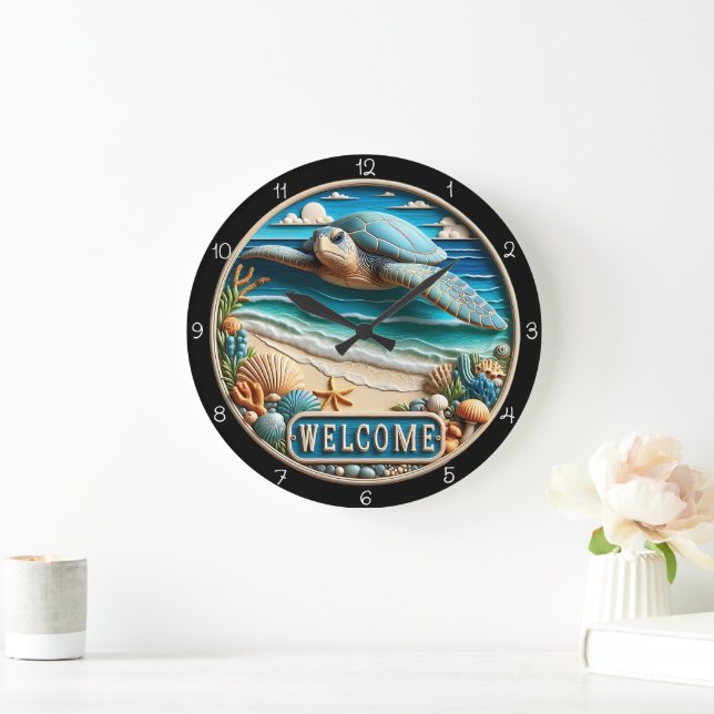 Grande Horloge Ronde Serene Sea Turtle Beach Bienvenue Timepiece (Maison)