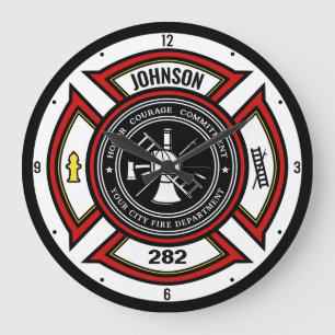 Grande Horloge Ronde Service d'incendie AJOUTER LE NOM Pompier Insigne