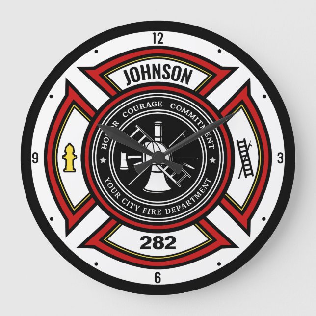 Grande Horloge Ronde Service d'incendie AJOUTER LE NOM Pompier Insigne  (Recto)