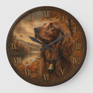 Grande Horloge Ronde Setter Irlandais d'Automne – Art de Chien de Chass