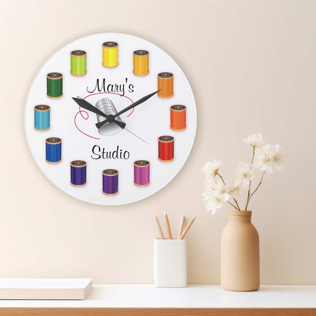 Grande Horloge Ronde Sewing Thimble, Needle and Threads (Time to Sew! Customize the text for this vivid large clock!)