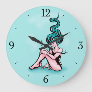 Grande Horloge Ronde Sexy Pin-up Girl with Blue Hair