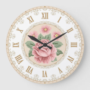 Grande Horloge Ronde Shabby Chic Français Vintage Amande Pastel Rose
