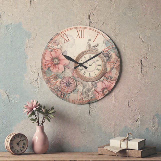 Grande Horloge Ronde Shabby Steampunk Clocks and Florals Wall Clock (Créateur téléchargé)