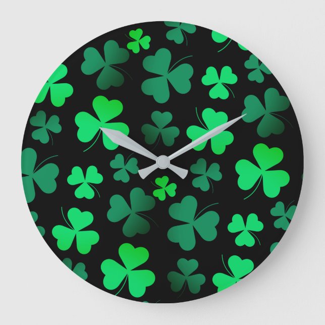 Grande Horloge Ronde Shamrock Clover Moderne tendance Noir et Vert (Recto)