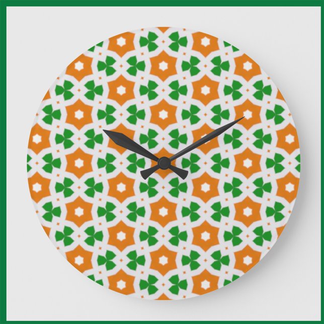 Grande Horloge Ronde Shamrock géométrique irlandais subtil orange et ve (Créateur téléchargé)