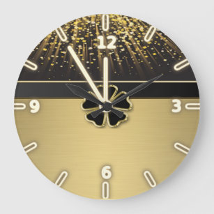 Grande Horloge Ronde Shamrock irlandais élégant, Faux Gold Confetti