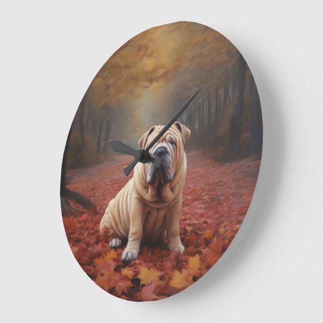 Grande Horloge Ronde Shar Pei dans l'automne Feuilles automne Inspire (Angle)