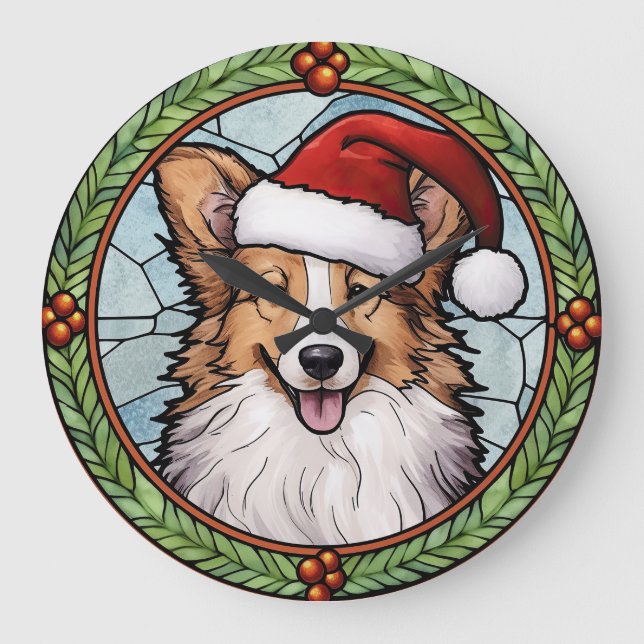 Grande Horloge Ronde Sheltie Vitrail Noël (Recto)