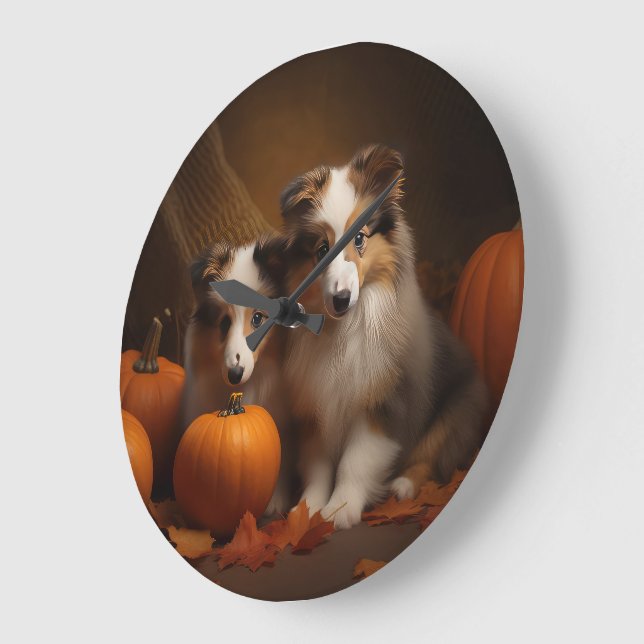Grande Horloge Ronde Shetland Sheepdog Chiot Chiot Automne Citrouille d (Angle)