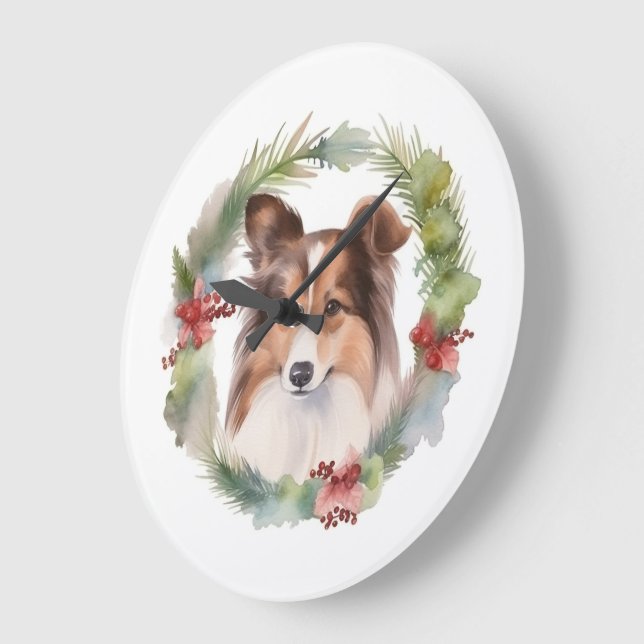 Grande Horloge Ronde Shetland Sheepdog Christmas Wreath Festive Pup (Angle)