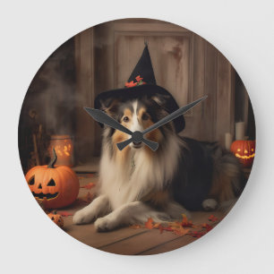 Grande Horloge Ronde Shetland Sheepdog Citrouille Halloween effrayant