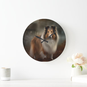 Grande Horloge Ronde Shetland Sheepdog Halloween effrayant