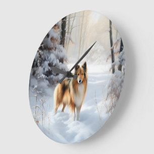Grande Horloge Ronde Shetland Sheepdog Laisser neiger Noël