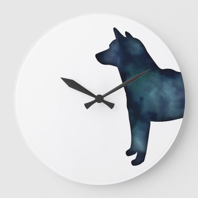 Grande Horloge Ronde Shiba Inu Chien Aquarelle noire Silhouette (Recto)