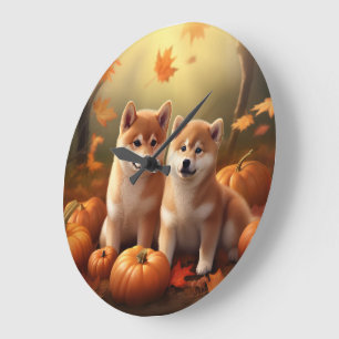 Grande Horloge Ronde Shiba Inu Chiot Automne Citrouille de plaisir
