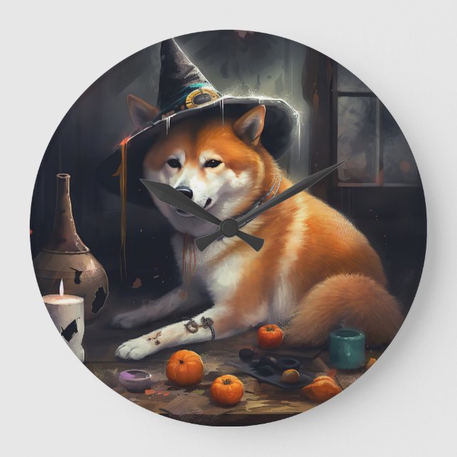 Grande Horloge Ronde Shiba Inu Citrouilles Halloween effrayant (Recto)