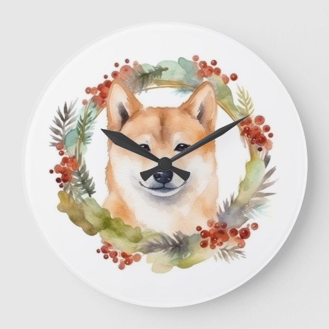 Grande Horloge Ronde Shiba Inu Festive de la couronne de Noël Coupe (Recto)