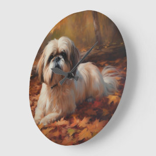 Grande Horloge Ronde Shih Tzu à l'automne Feuilles automne Inspire