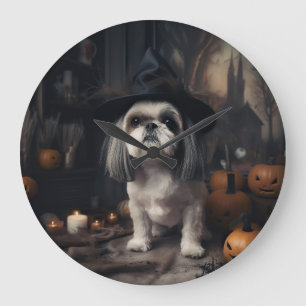 Grande Horloge Ronde Shih Tzu Citrouilles Halloween effrayant