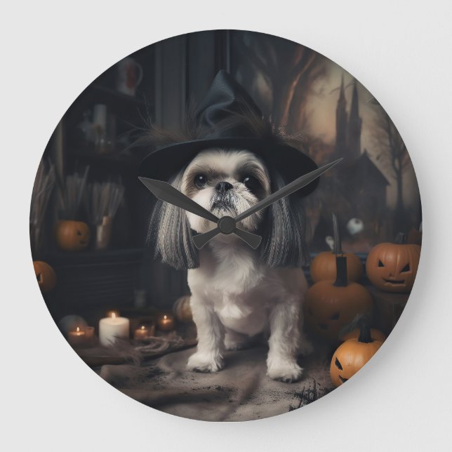 Grande Horloge Ronde Shih Tzu Citrouilles Halloween effrayant (Recto)