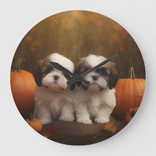 Grande Horloge Ronde Shih Tzu Puppy Automne Citrouille de plaisir