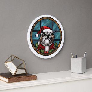 Grande Horloge Ronde Shih Tzu Vitrail Noël