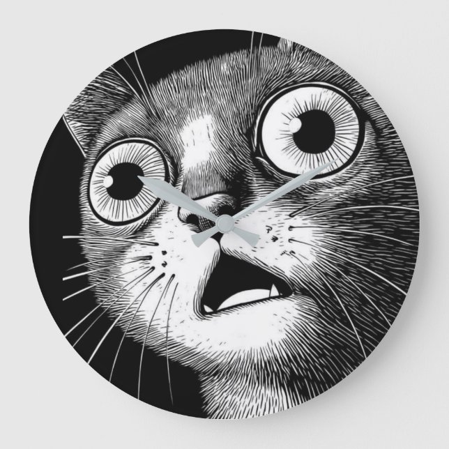 Grande Horloge Ronde Shocked Cat Minimalist Black & White Clock (Recto)