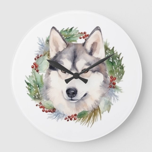 Grande Horloge Ronde Sibérie Husky Christmas Wreath Festive Pup (Recto)