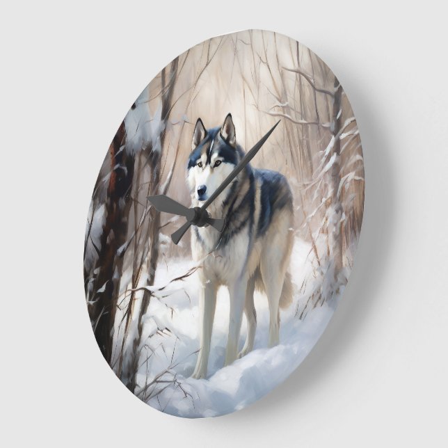 Grande Horloge Ronde Sibérien Husky Laisser Neige Noël (Angle)