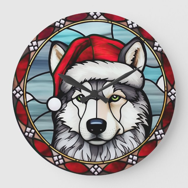 Grande Horloge Ronde Sibérien Husky Vitrail Noël (Recto)