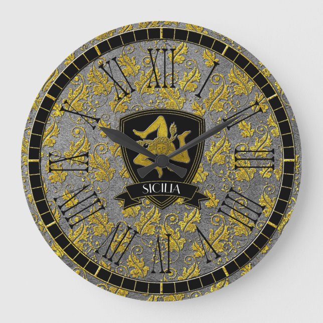 Grande Horloge Ronde Sicilienne Trinacria Elegant Or Argent (Recto)