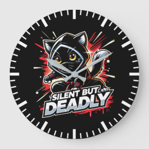 Grande Horloge Ronde Silencieux Mais Mortel - Mignonne Ninja Chat