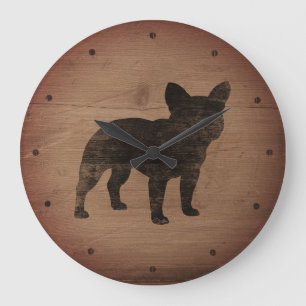 Grande Horloge Ronde Silhouette   Amoureux des chiens Faux Wood