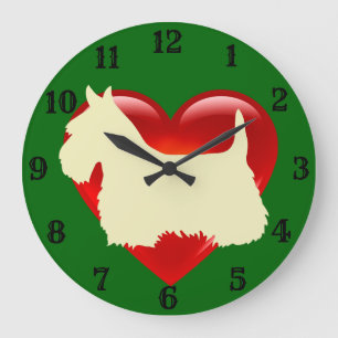 Grande Horloge Ronde Silhouette blanche de Terrier écossais cœur rouge/
