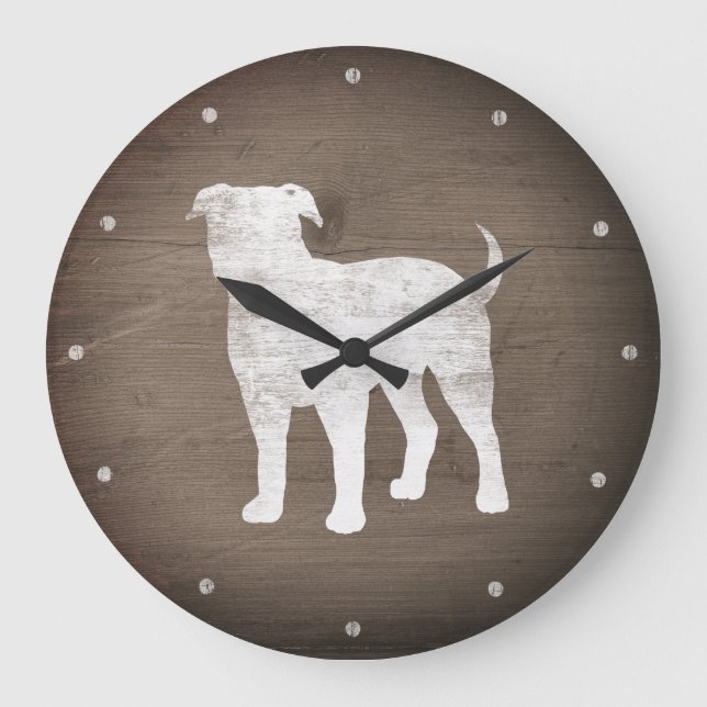 Grande Horloge Ronde Silhouette de Bulldog américain Faux Bois rustique (Recto)