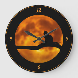 GRANDE HORLOGE RONDE SILHOUETTE DE CAT DE LUNE DE L'HORLOGE FULLL