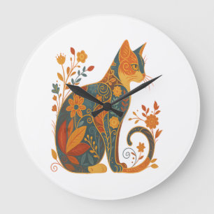 Grande Horloge Ronde Silhouette de chat floral - Botanique vintage colo
