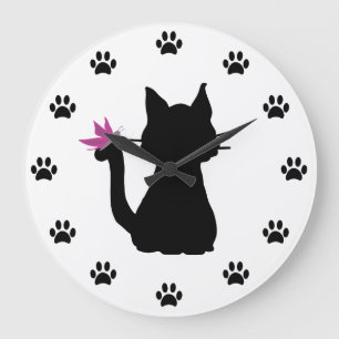 Grande Horloge Ronde Silhouette de chat noir Papillon rose