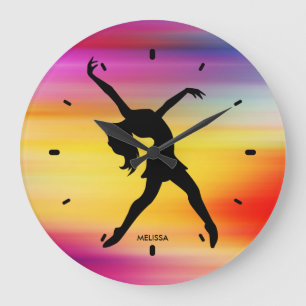 Grande Horloge Ronde Silhouette De Danseur Noir Sur Arrière - plan Abst